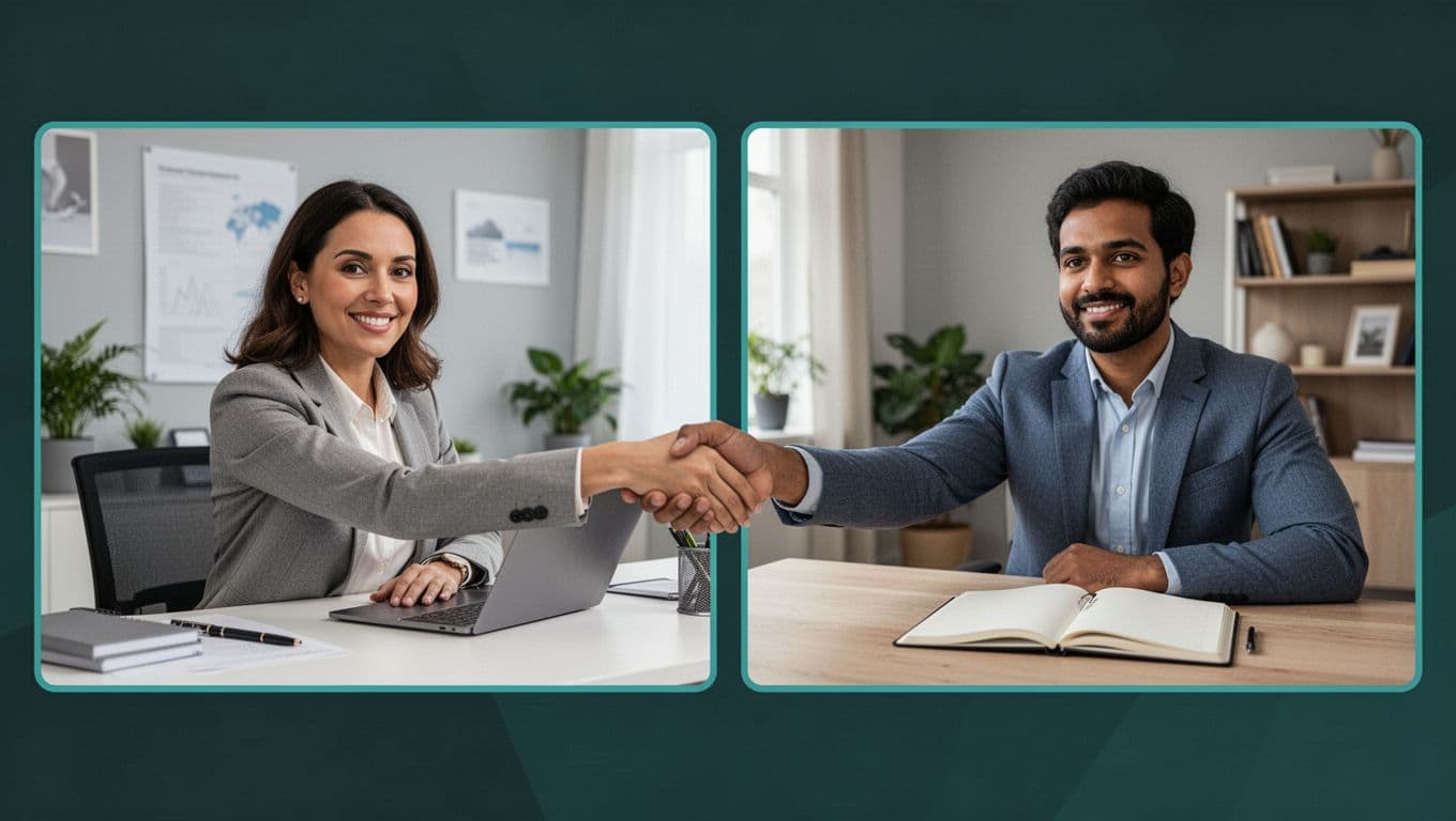 Split-screen shows hiring manager at office desk interviewing cloud security architect at home setup, virtual handshake across screens.