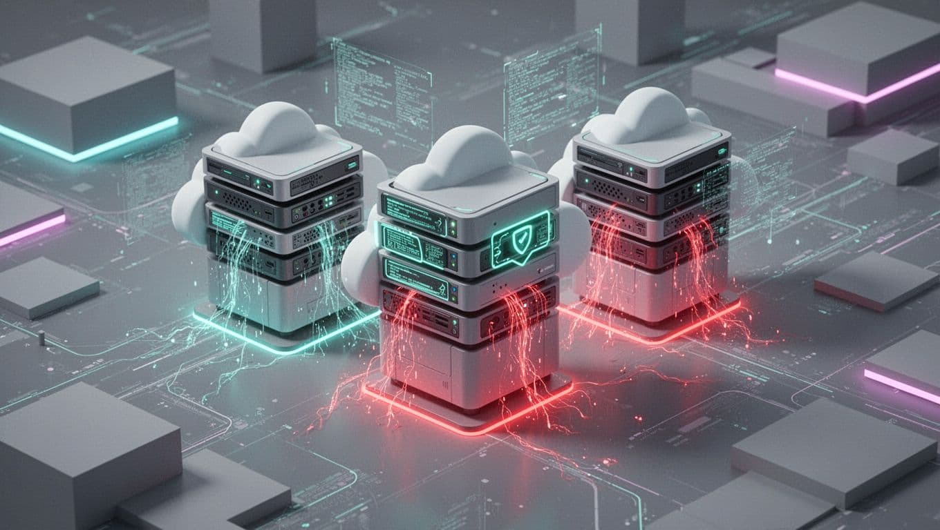 Abstract modern illustration of cloud server icons with misconfiguration warning symbols leaking data, featuring clean shapes, #22C55E highlights on secure parts versus red leaks, balanced composition, and digital glow lighting.