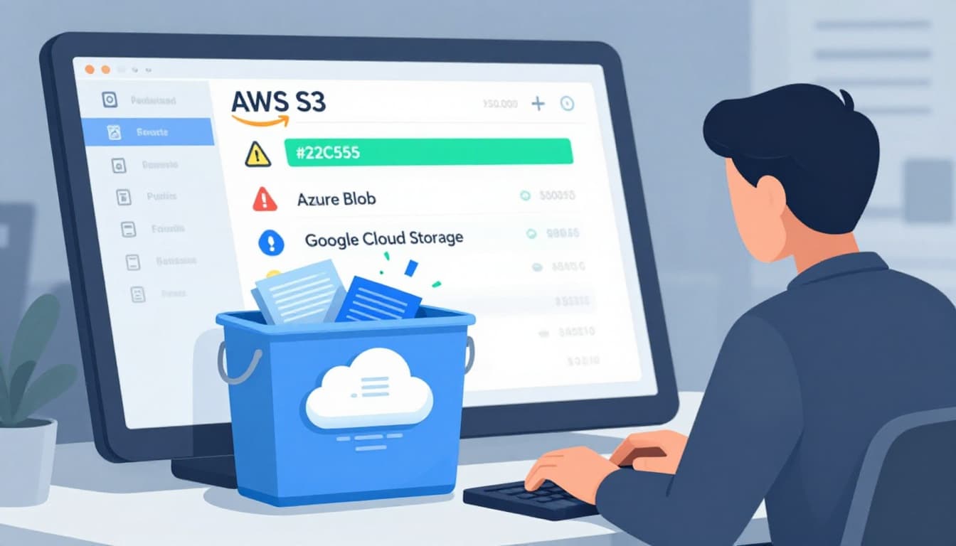 Modern illustration of an open cloud storage bucket leaking sensitive files like documents and databases to the public internet, featuring AWS S3, Azure Blob, and Google Cloud Storage icons. A security engineer at a desk notices the exposure on a monitoring dashboard in a clean office setting.