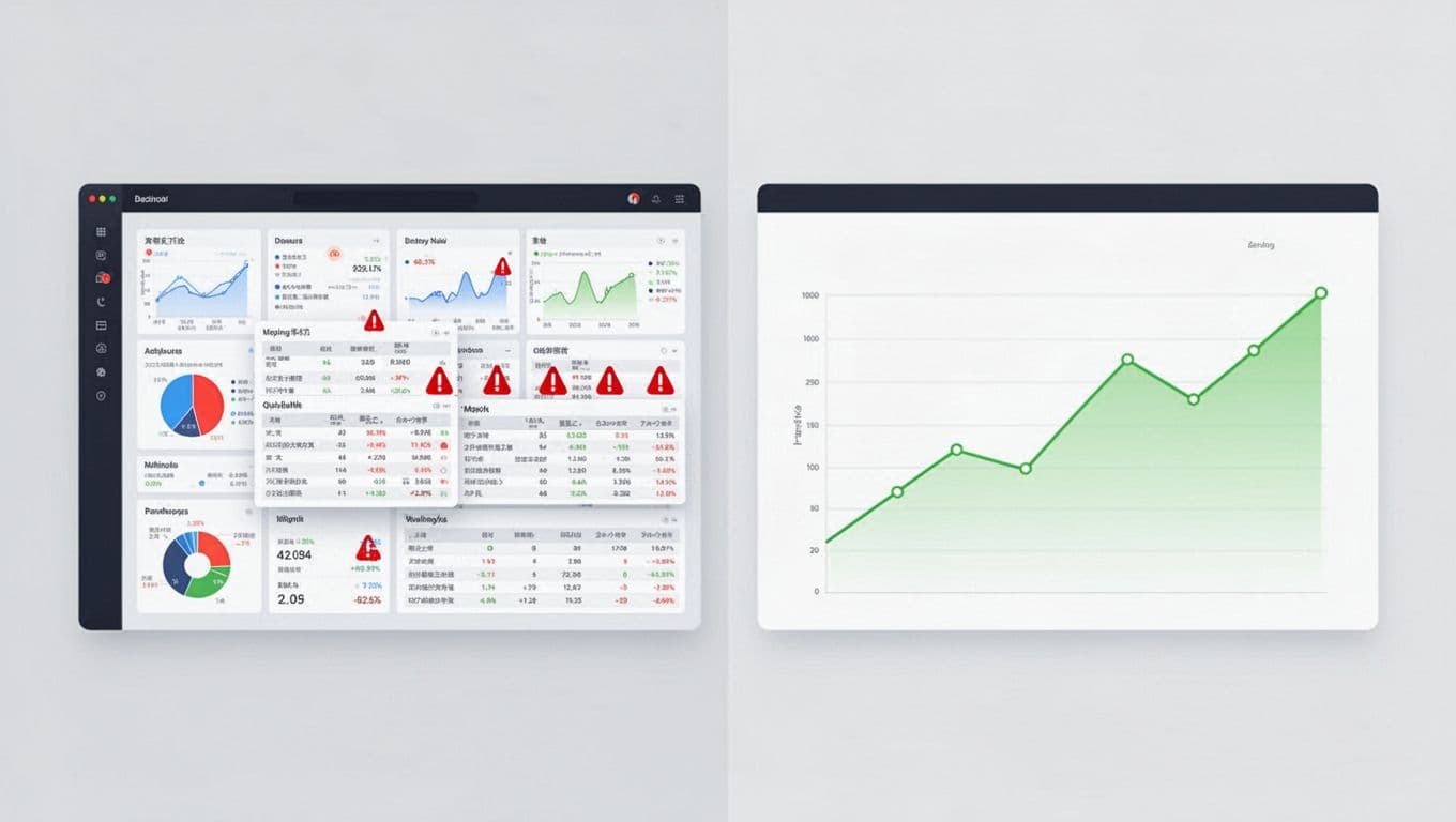 Side-by-side screens show left cluttered with overlapping charts, red alerts, dense tables; right clean with three large trend charts, green highlights, white space.