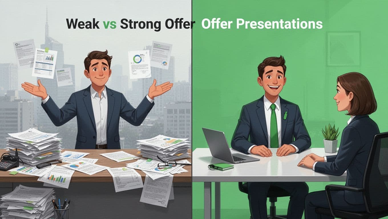 Vertically split illustration contrasting left side cluttered desk with hesitant salesperson shrugging shoulders and scattered papers, against right side sleek organized desk with confident salesperson smiling at client across table. Modern style using clean shapes, controlled palette with #22C55E green accents on right elements, balanced composition, natural lighting, one person per side.