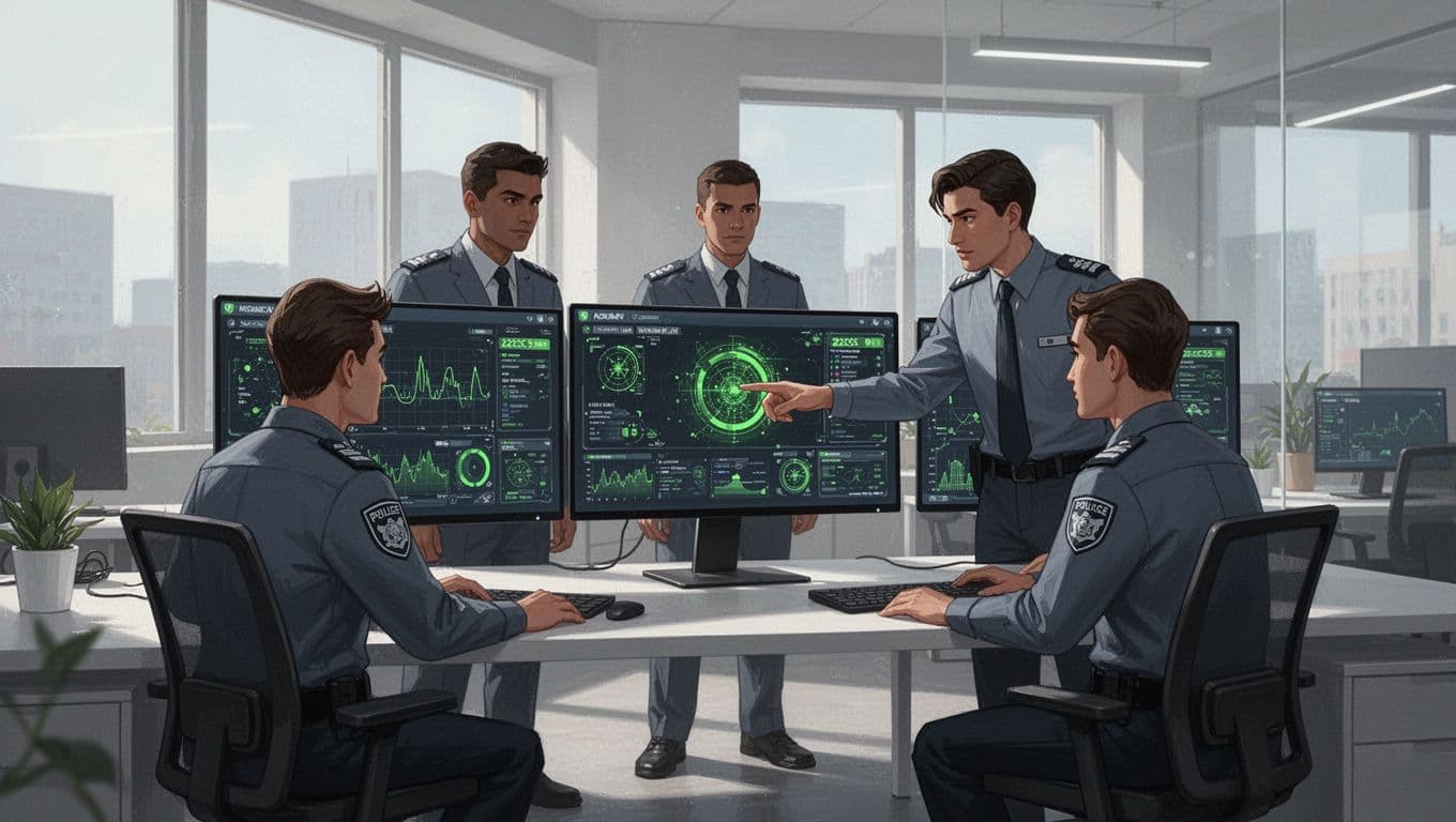 Modern illustration of three SOC analysts in an open office collaborating around dual monitors showing network logs and a highlighted anomaly detection, with one pointing relaxedly at the screen.
