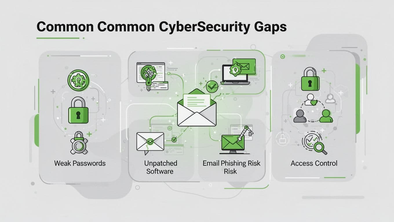 Modern illustration featuring a checklist or dashboard highlighting typical cybersecurity vulnerabilities like weak passwords, unpatched software, email phishing, and access controls, using clean shapes and green accents on a neutral background.