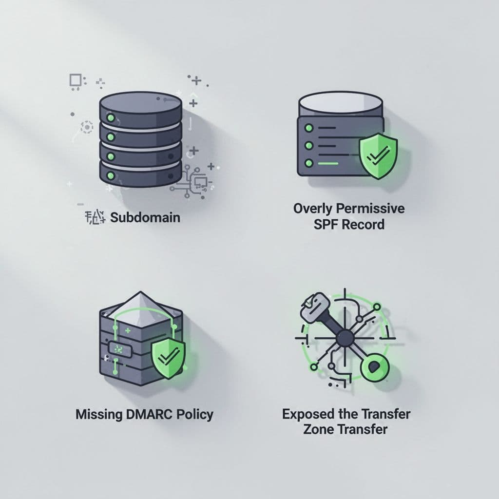 Modern illustration of common DNS security risks: stale subdomain, overly permissive SPF, missing DMARC policy, and zone transfer exposure, shown as warning icons in a clean grid on a light background.