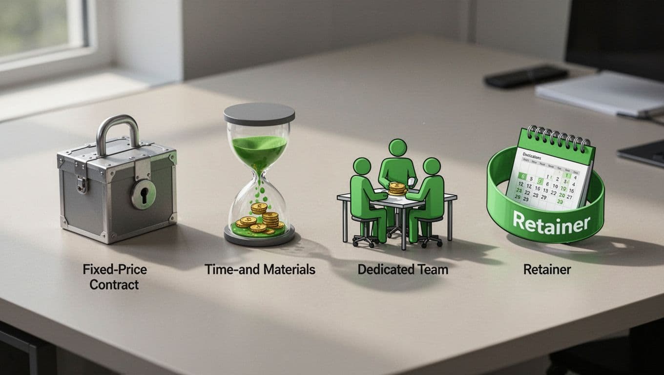 Modern illustration of four engagement models as icons: fixed-price contract (locked box), time-and-materials (hourglass with money), dedicated team (collaborating figures at desks), and retainer (steady calendar stream), set against a neutral office background with green accents.