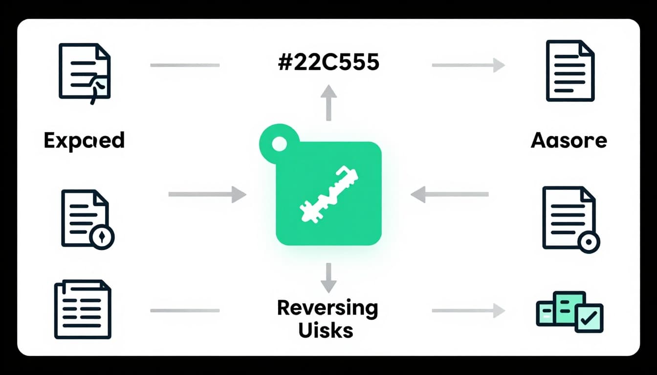 Modern illustration with clean shapes showing GitHub risks like leaking API keys, passwords, exposed URLs, commit history credentials, and sensitive documents in a warning dashboard layout.