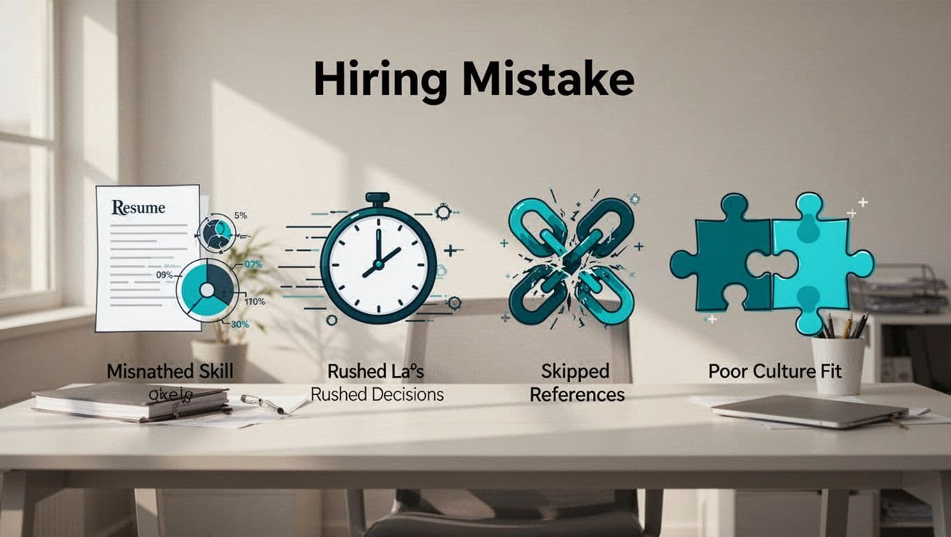 Modern flowchart icons illustrating key recruitment mistakes including mismatched skills resume vs reality rushed decisions skipped references and culture fit mismatches on a neutral office background with clean shapes and green accents.