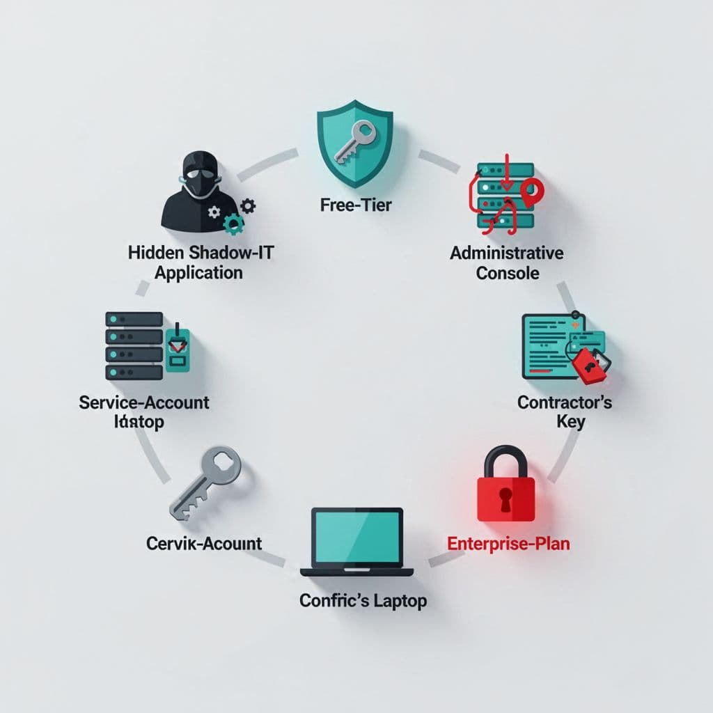 Modern illustration of common SSO blind spots as warning icons including shadow IT app, free tier badge, admin console, service account key, contractor laptop, and enterprise plan lock, arranged in a semi-circle pattern on a light background with green secure accents and red warnings.