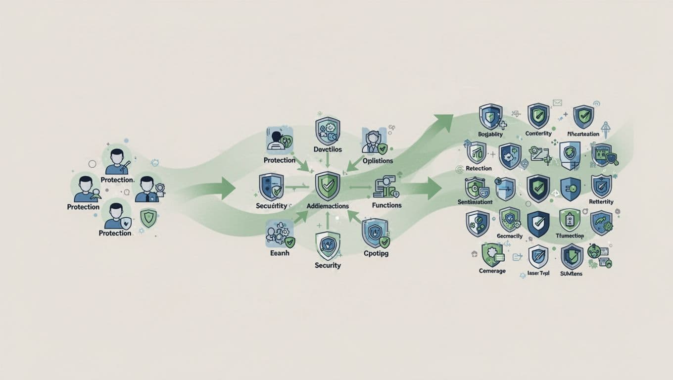 Modern illustration of three horizontal panels depicting company security team skills progression: startup basics on the left, mid-market expansion in the middle, and mature advanced coverage on the right, linked by subtle green growth arrows on a neutral background.