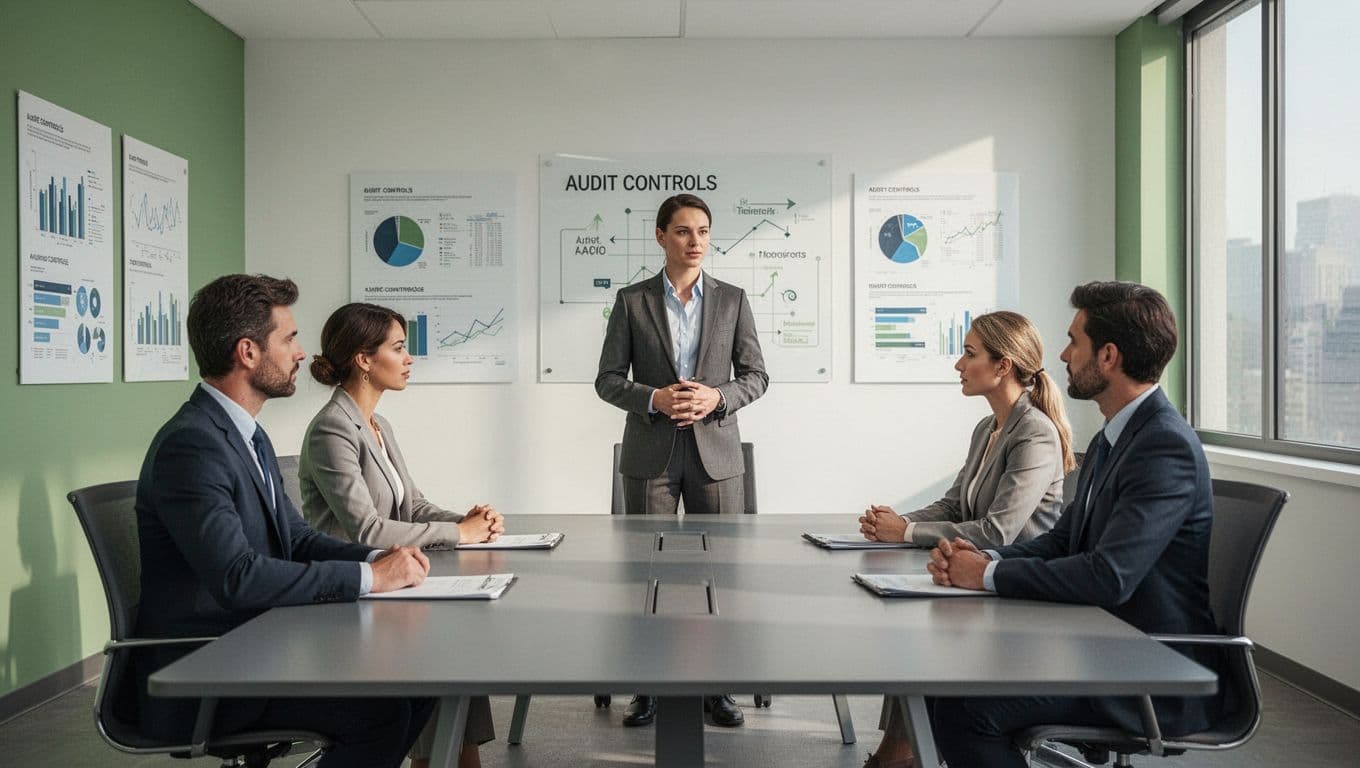 Professional at head of table presents controls documents to three colleagues in conference room with wall charts.