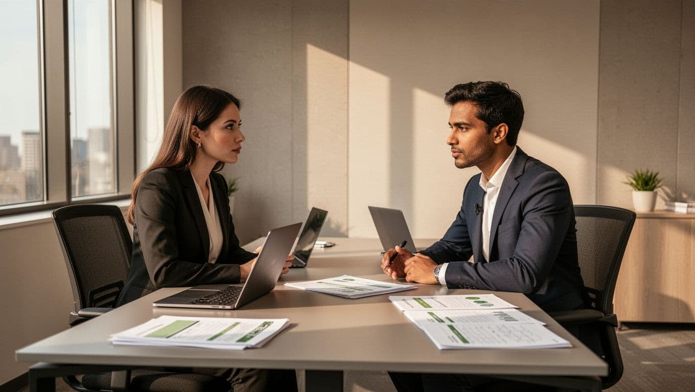 Interviewer and candidate discuss compliance frameworks at desk with laptops and audit reports.