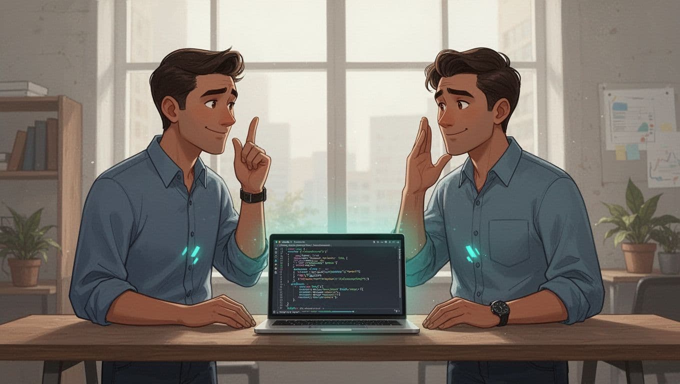 Modern illustration of a confident developer in a casual office discussing code on a laptop with a knowledgeable recruiter nodding understandingly, featuring clean shapes, green accents, and natural lighting.