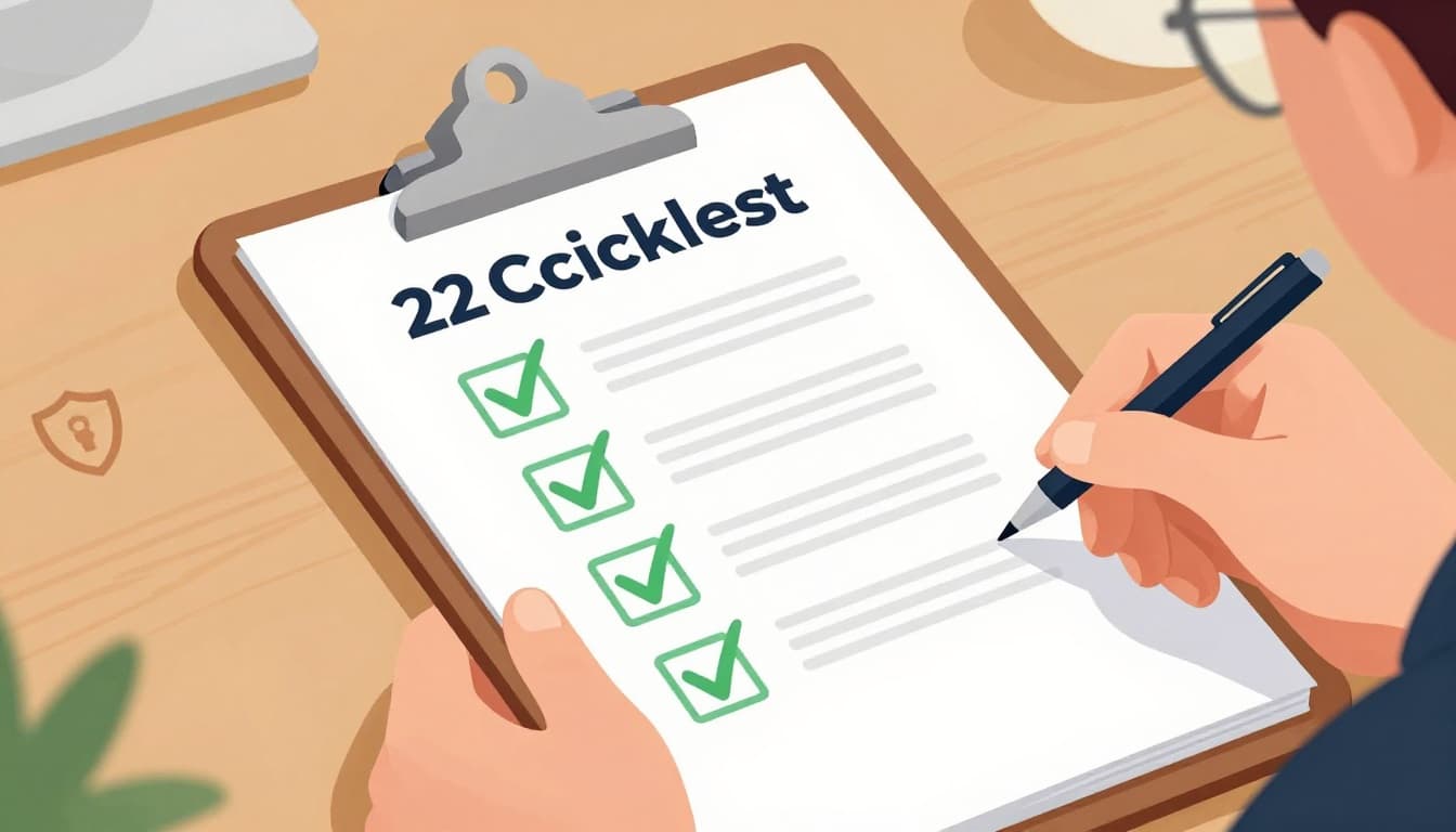 Modern illustration of a checklist on a clipboard held by hands at a desk, with security icons like shield and lock next to checkmarks.