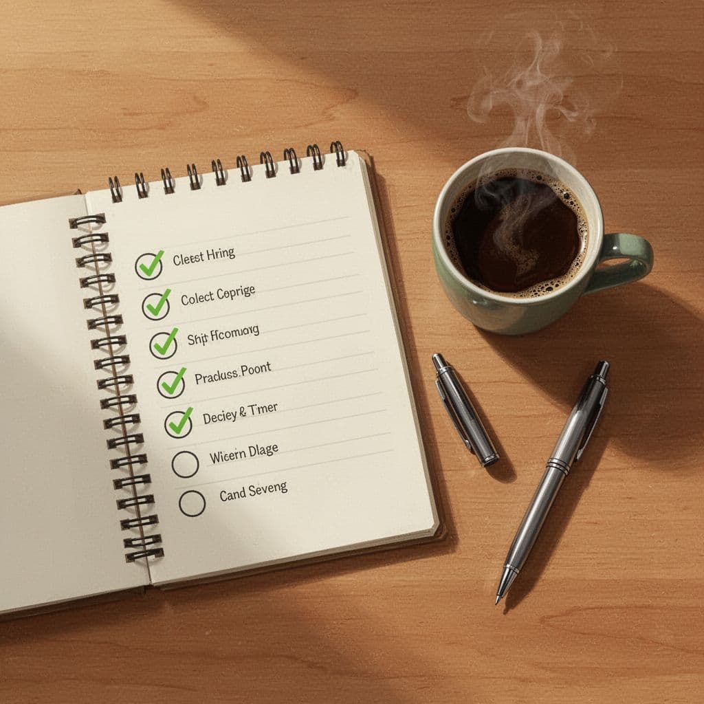 Top-down illustration of a notepad checklist with simple icons for preparation questions, next to coffee mug and pen on wooden desk, in modern style with warm tones and green checkmarks.