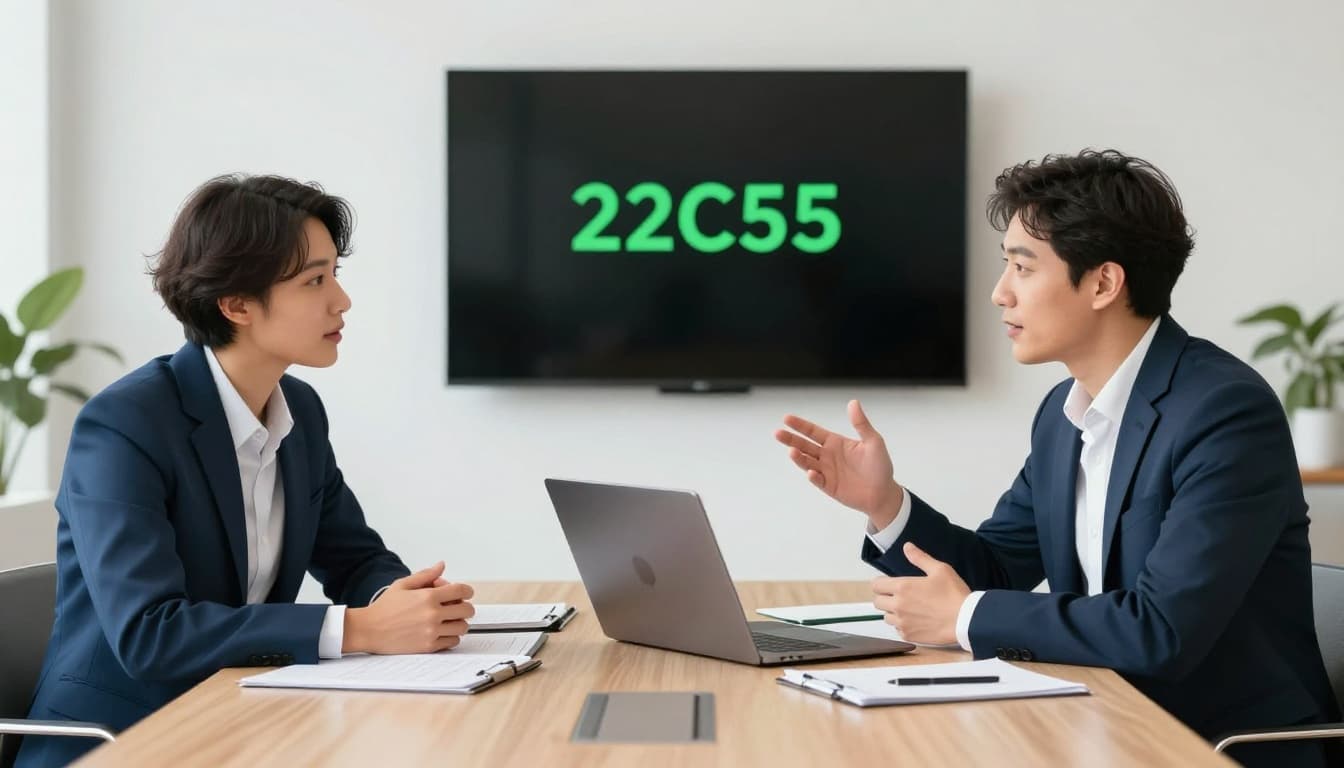 Two professionals in business attire seated at a modern conference table, one gesturing confidently while discussing notes on a laptop with the attentive interviewer in a relaxed professional conversation. Modern illustration style featuring clean shapes, controlled color palette with #22C55E accents, and soft natural lighting.