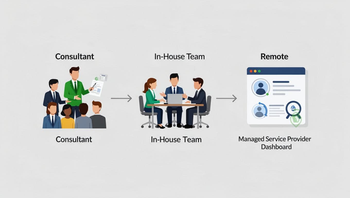 Modern illustration depicting three paths: consultant advising a team, in-house team working, and MSP dashboard managed remotely, using icons in a simple flowchart with clean shapes and balanced composition.