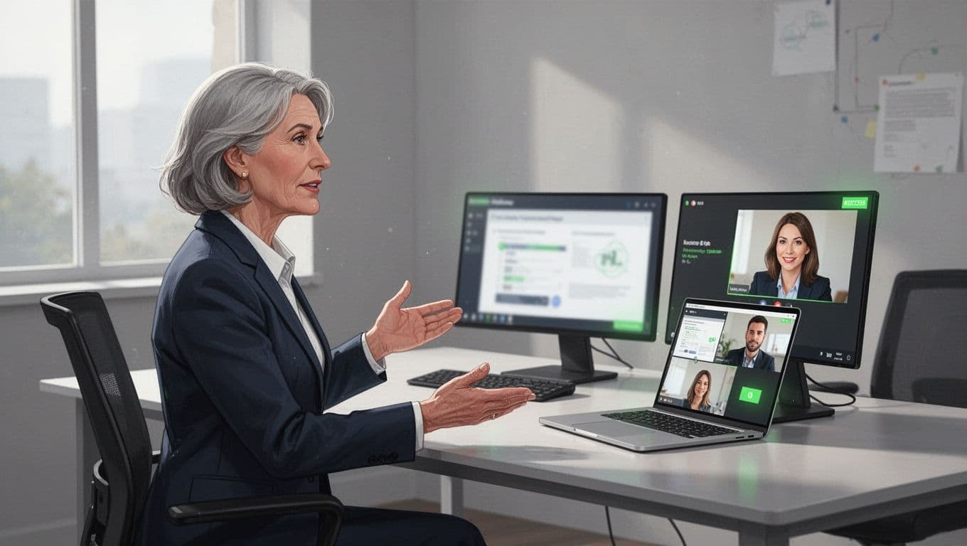 A security awareness consultant leads phishing simulation training via video call to a hybrid remote team, with two laptop screens showing blurred phishing email demos and two remote participants visible.