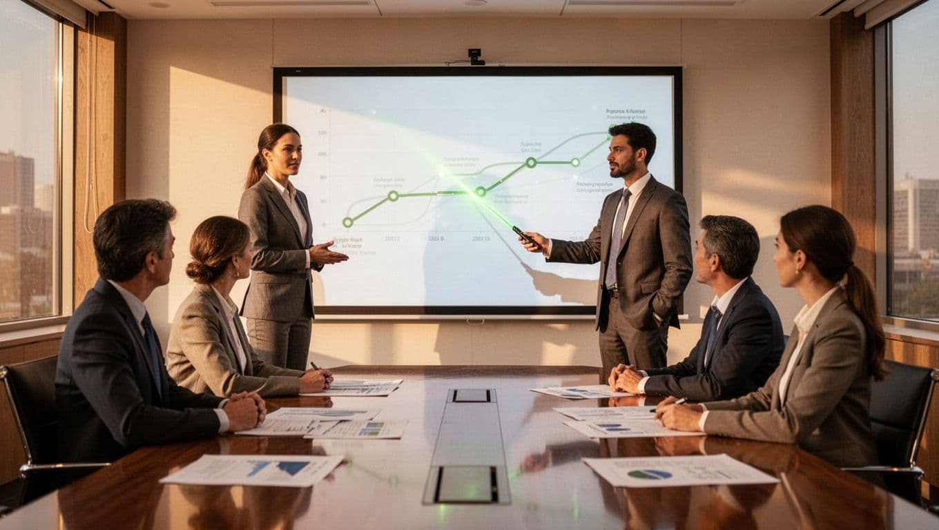 Modern illustration of a consultant using a laser pointer to present a final remediation roadmap report with timeline and priorities to three nodding stakeholders in a professional boardroom.