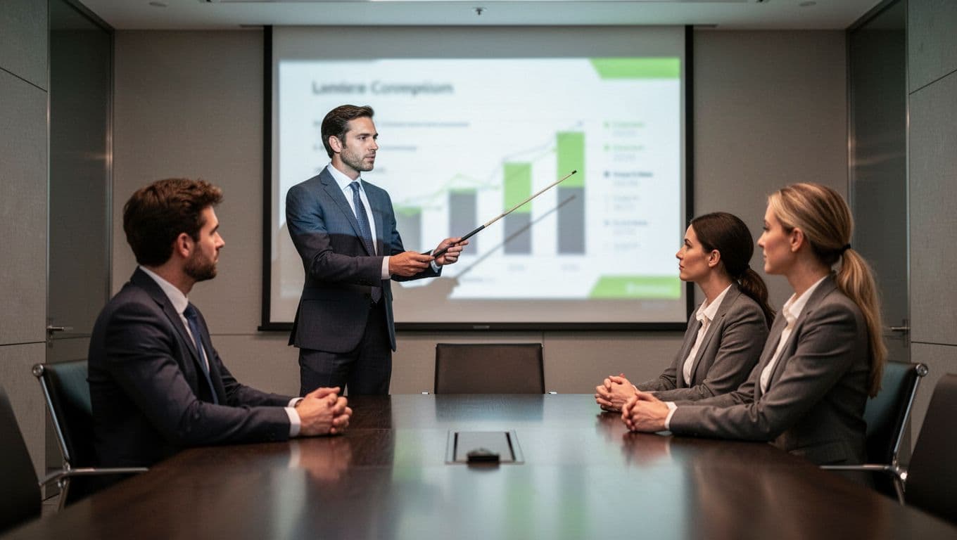 Modern illustration of a consultant using a pointer to present a blurred projected security chart to two seated stakeholders in a boardroom, featuring clean shapes, professional lighting, and green highlights.