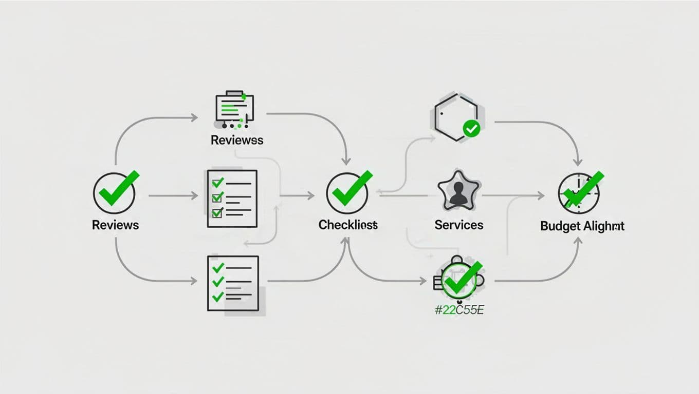 Modern illustration of a flowchart for evaluating consulting firms, with icons for reviews, checklists, services, and budget matching accented by green checkmarks in a clean, landscape composition.