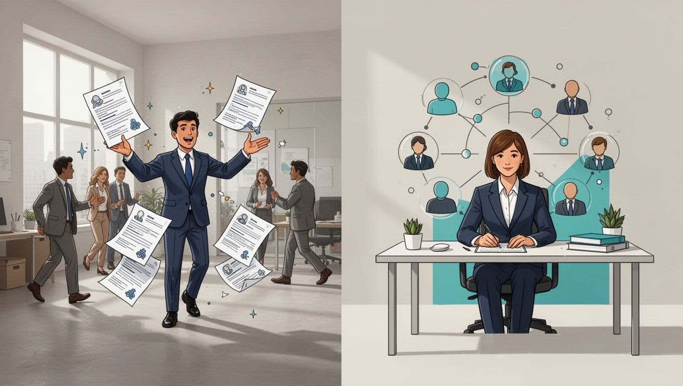 Modern side-by-side illustration: chaotic office recruiter juggling resumes on left, calm consultant mapping expert network on right.