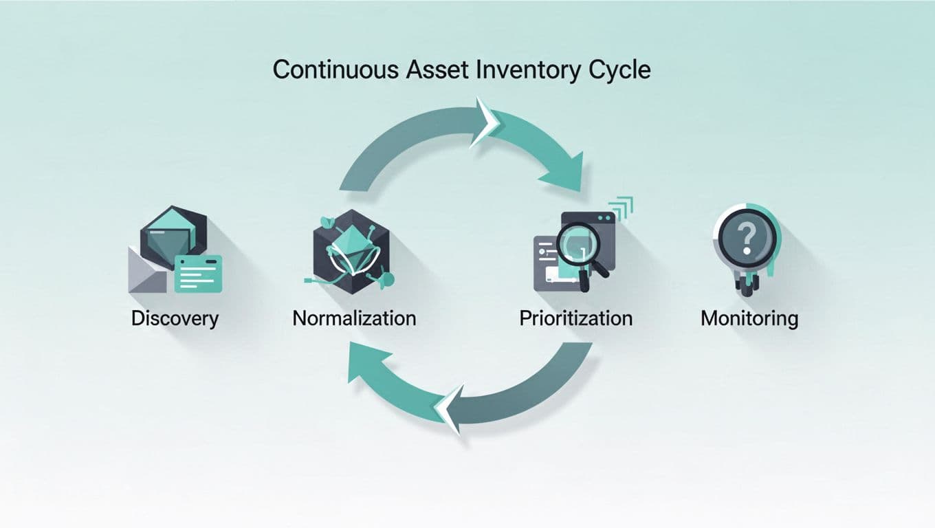 Arrows connect icons for discovery, normalization, prioritization, and monitoring phases in a looping cycle, featuring cloud, DNS, and scanner symbols.