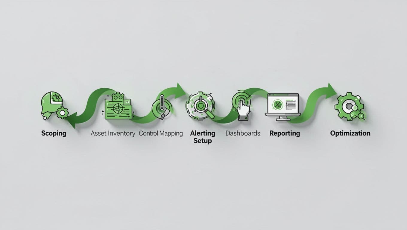 Modern illustration of a step-by-step continuous monitoring consulting setup workflow with icons for scoping, asset inventory, control mapping, alerting setup, dashboards, reporting, and optimization connected by arrows in a horizontal flow on a light gray background.