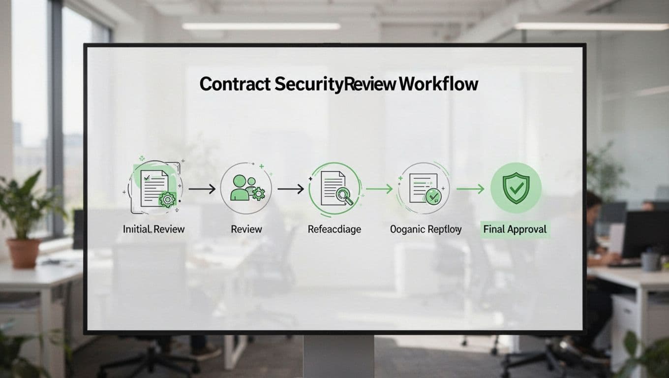 Simple flowchart on digital screen shows procurement steps from initial review to approval with green icons and arrows, blurred office background.