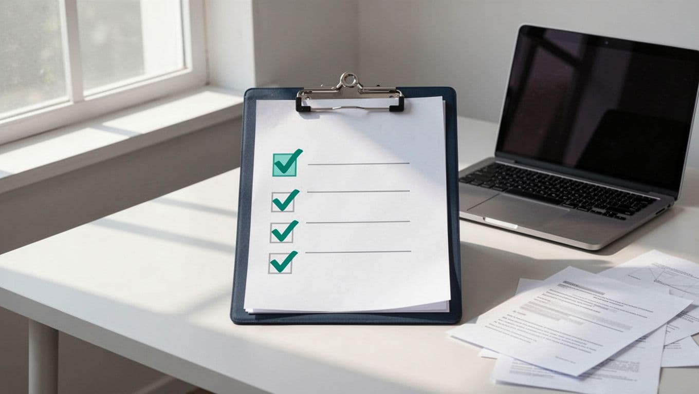 Modern illustration of a checklist on a clipboard with audit steps for access review, desk with computer and documents in background, clean shapes, controlled colors, strong composition, green accent on checkmarks.