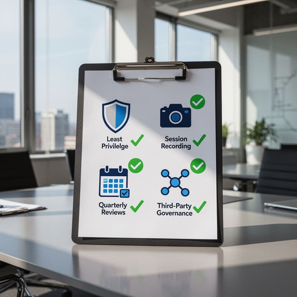 Clipboard in modern office displays checklist icons for least privilege, session recording, quarterly reviews, and third-party governance.