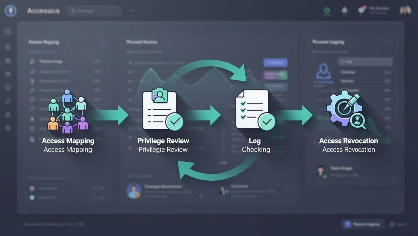 Horizontal icons depict access mapping, privilege review, log checking, and access revocation on dashboard background.
