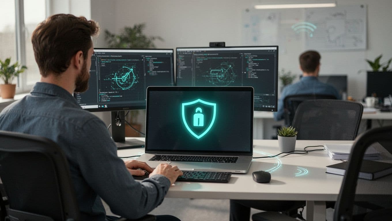 Modern illustration of a contractor laptop connected to a company network causing a data breach alert on a security dashboard, office setting with one worker at a desk.