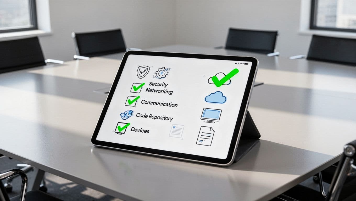 Modern illustration of a tablet screen displaying a detailed digital checklist for secure contractor offboarding, with green checkmarked icons for SSO, VPN, email, cloud apps, code repo, devices, and documents, placed on a conference table in a clean professional setting.