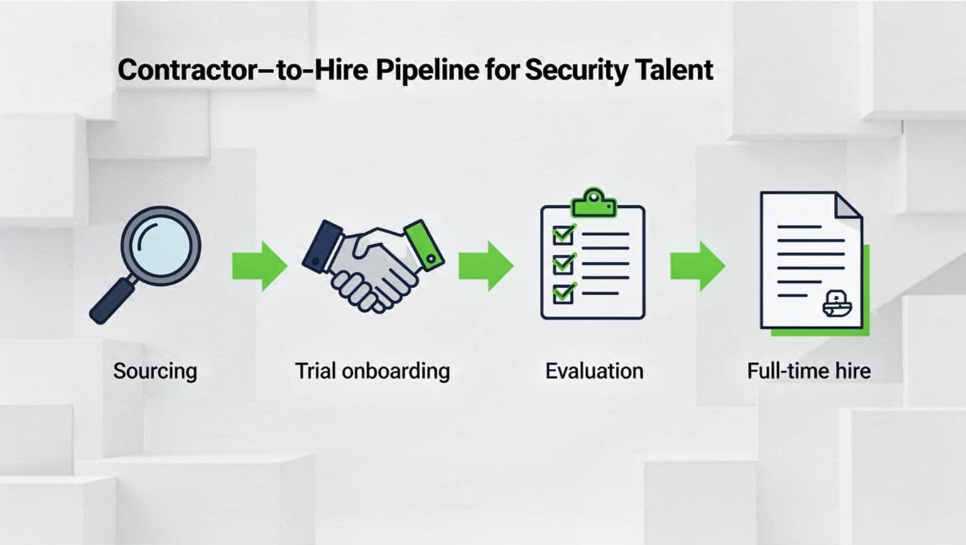 Horizontal linear flowchart with four icon stages—magnifying glass, handshake, checklist, contract—linked by green-accented arrows.
