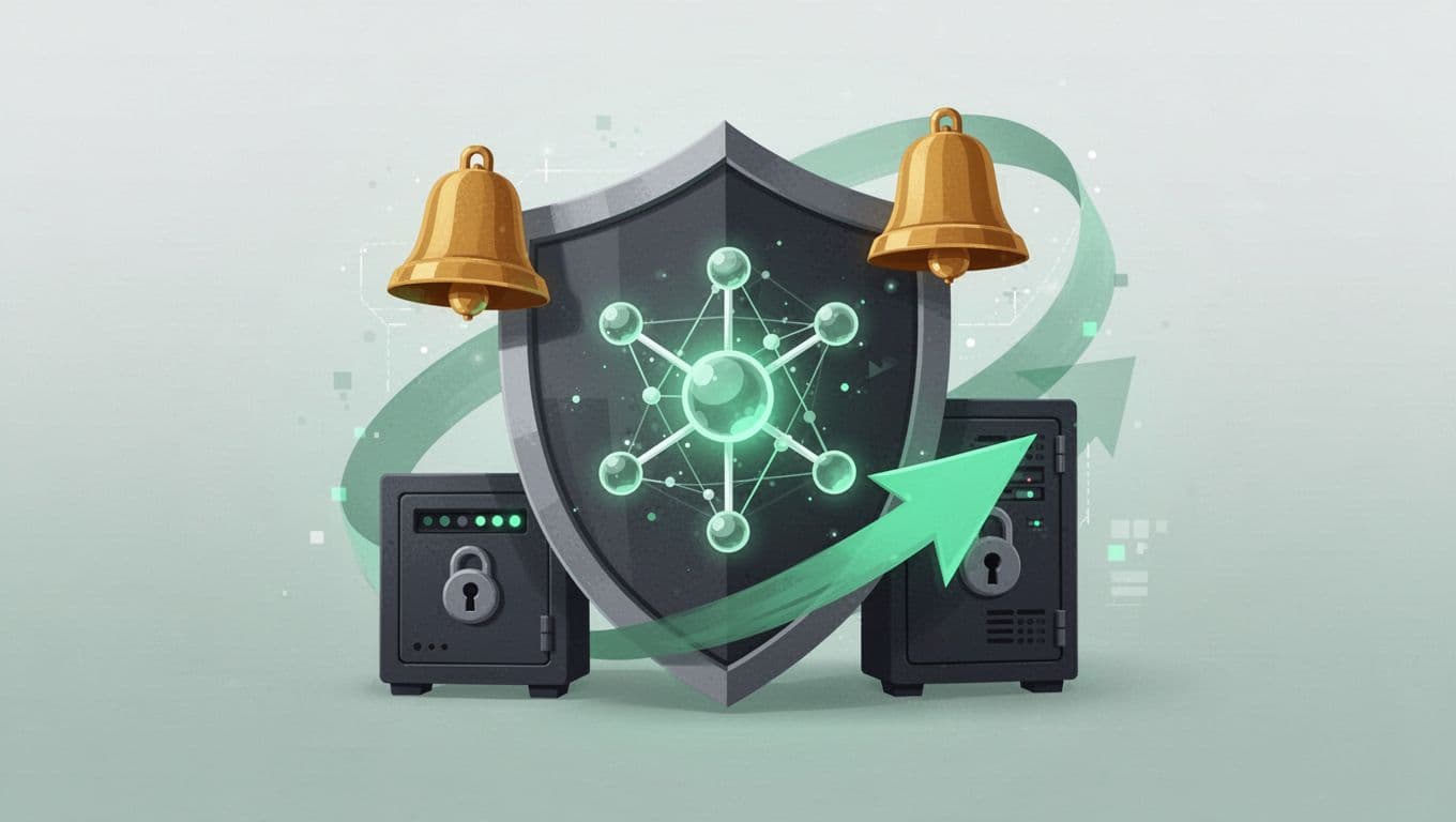 Balanced composition of core cybersecurity icons: shield protecting a network node, alert bell, locked data vault, response arrow flow in clean vector style with modern illustration, #22C55E accents, strong composition.