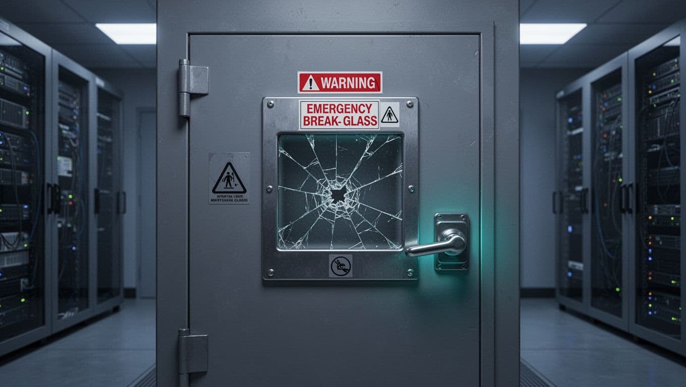 Modern illustration of a secure vault door with a slightly cracked emergency break-glass panel in a dim server room, focusing on the warning label area with soft blue lighting and green accent on the handle.