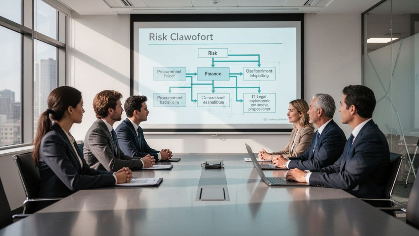 Modern illustration of procurement, finance, IT, and legal representatives around a boardroom table reviewing a vendor risk flowchart, with collaboration icons, clean shapes, soft lighting, and no text.