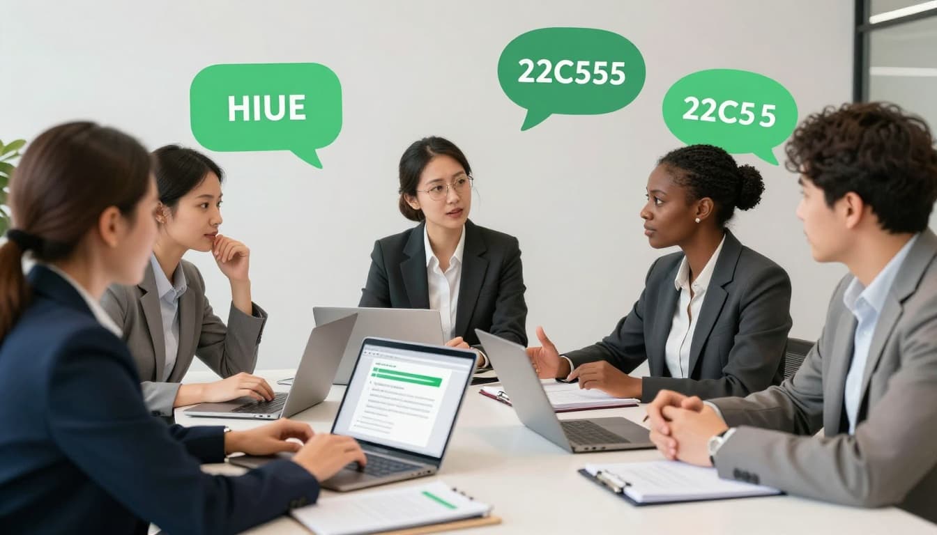 Diverse professionals from HR, finance, and compliance gathered at a conference table, actively discussing a fraud scenario in a tabletop exercise with notebooks and laptops as props. Modern illustration style featuring clean shapes, controlled colors with green accents on speech icons and notes, exactly seven people in natural engaged poses under soft office lighting.