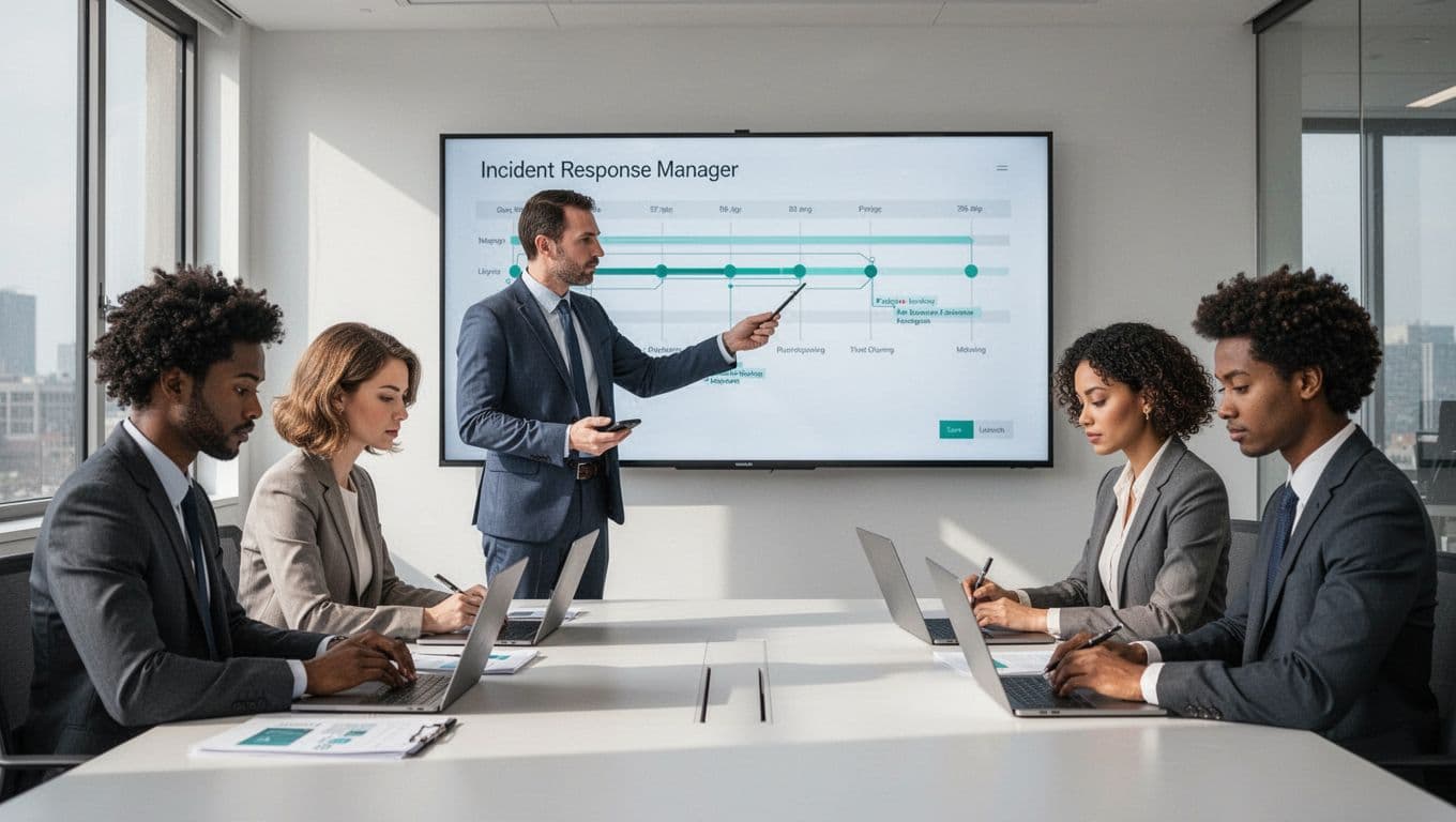 Modern illustration featuring a diverse group of five professionals in a modern office during an incident response huddle, with the central manager pointing to a timeline on a shared screen while team members take notes on laptops and phones under soft natural lighting.