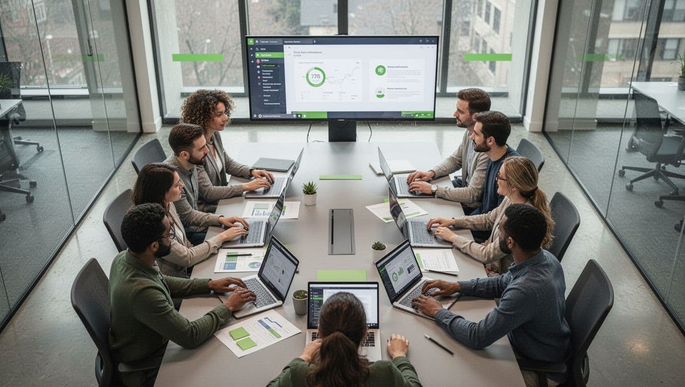 Top-down illustration of five professionals from IT, security, procurement, legal, and business seated around a conference table in a modern office, collaboratively reviewing laptops, documents, and a shared screen.