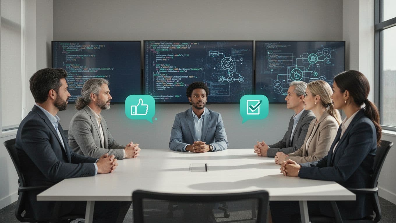 Modern illustration of a security candidate in a virtual interview with a panel of product, engineering, IT, and HR representatives, featuring subtle background screens with code and diagrams, professional atmosphere with green accents on discussion icons.