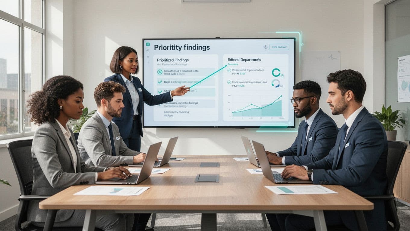 Modern illustration of a diverse security team consisting of one woman and two men from different departments, standing around a conference table with a digital screen displaying prioritized CTEM findings. One person points to the screen while others discuss using laptops in a naturally lit office meeting room.