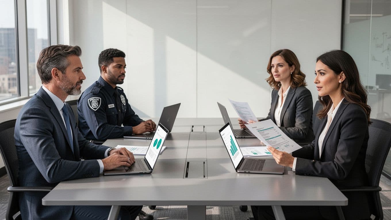 Modern illustration featuring four diverse professionals—a sales leader, security expert with laptop, legal advisor with documents, and PR manager—seated around a conference table in a modern office, collaborating on a breach plan with laptops showing charts accented in green.