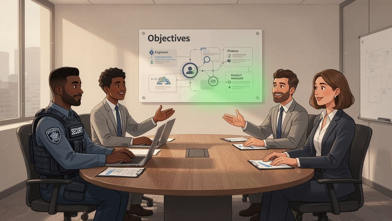 Five professionals seated around oval conference table, gesturing toward green-highlighted OKR board on wall.