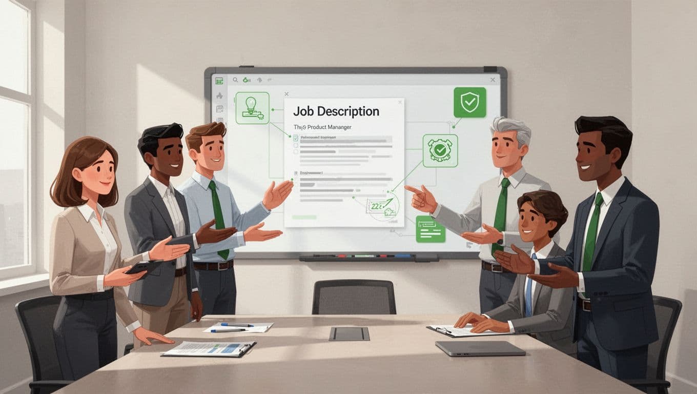 Modern illustration of five professionals from HR, product management, engineering, IT, and security collaboratively reviewing a job description on a shared digital whiteboard in a bright meeting room with neutral tones and green accents.