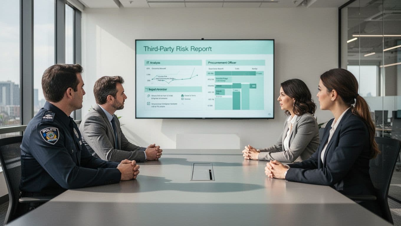Four professionals from security, IT, procurement, and legal around conference table view shared screen of third-party risk report with green highlights.