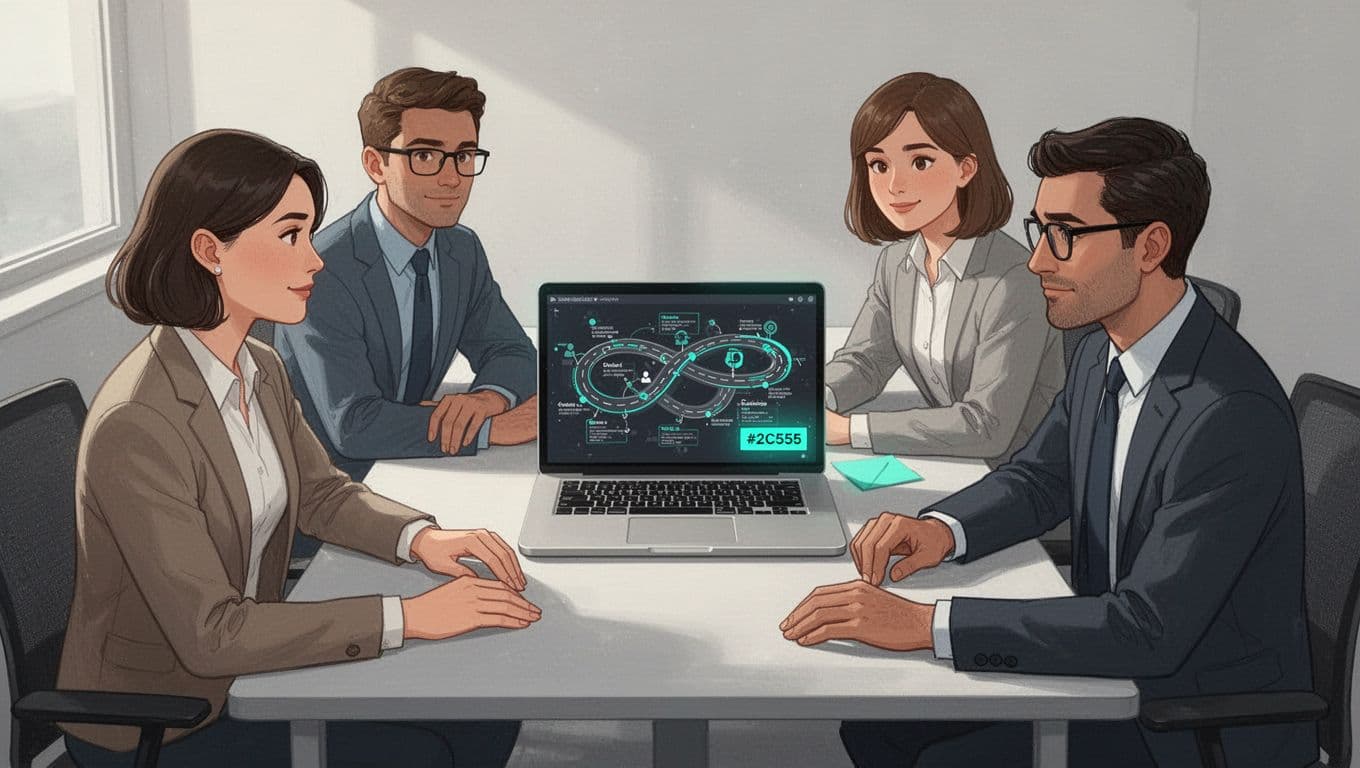 Three professionals sit around a conference table focused on a laptop displaying a simple product roadmap diagram.