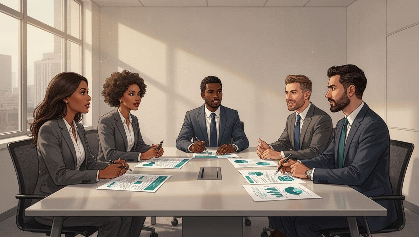 Diverse team of five—two women, three men—from sales, security, legal discusses strategies around conference table with green secure document icons.