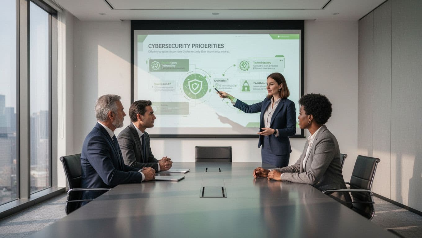 Illustration of a conference room team meeting with executives, technical staff, and one facilitator discussing cybersecurity recommendations from a projected chart of prioritized risks; exactly three people in relaxed poses, modern clean style with green accents, controlled lighting, no text on screen.