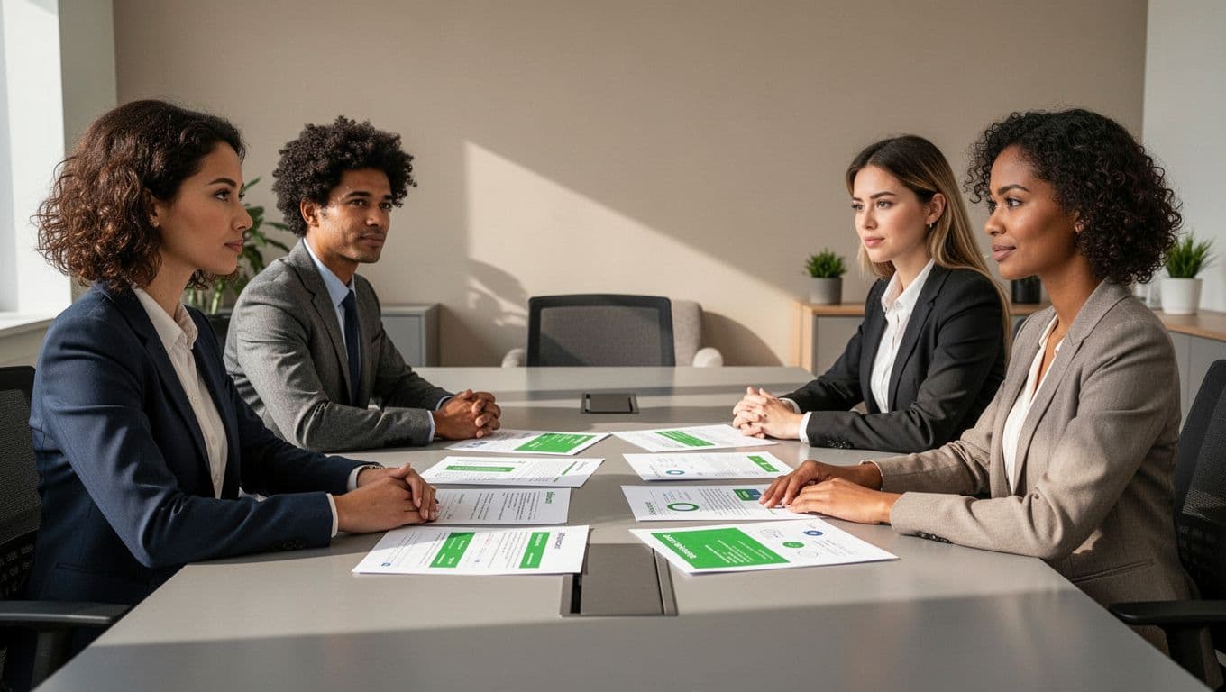 Four diverse professionals from HR, security, IT, and legal discuss onboarding documents around an office table.
